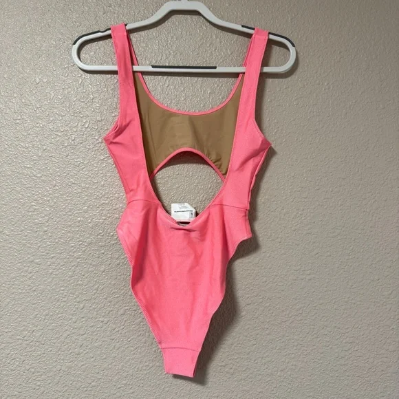 NWT Alexander Wang Rhinestone Logo Cutout Swimsuit Neon Pink One Piece Size S - Picture 9 of 10